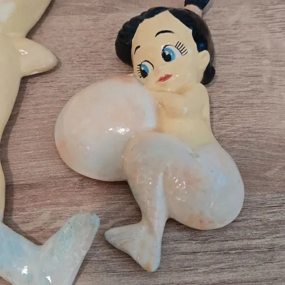 Vtg Mermaids + Bubbles Chalkware Kitsch Wall Hanging Plaques Set of 3 ~ 5"-8" - Picture 6 of 10